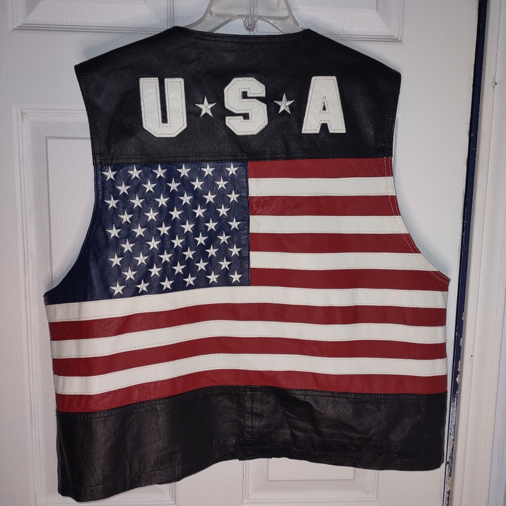 Interstate Leather Vest  Patriotic USA American Flag back Large Biker vest XXL